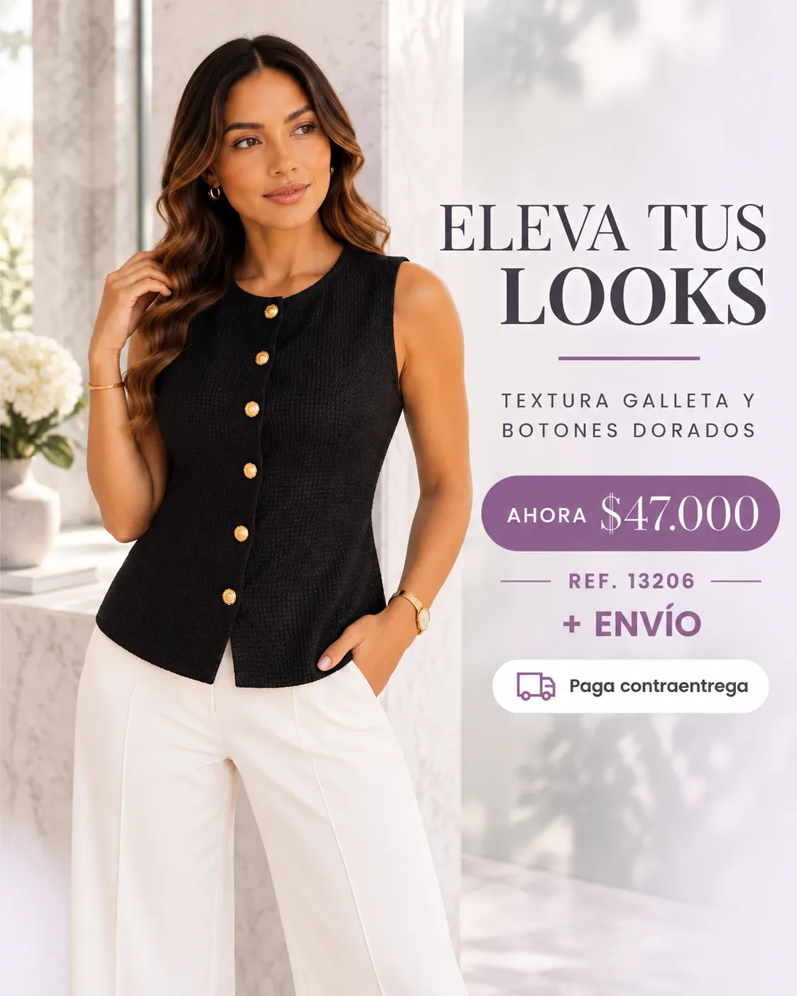CHALECO LUXURY EN TELA GALLETA Y BOTONES LINEALES