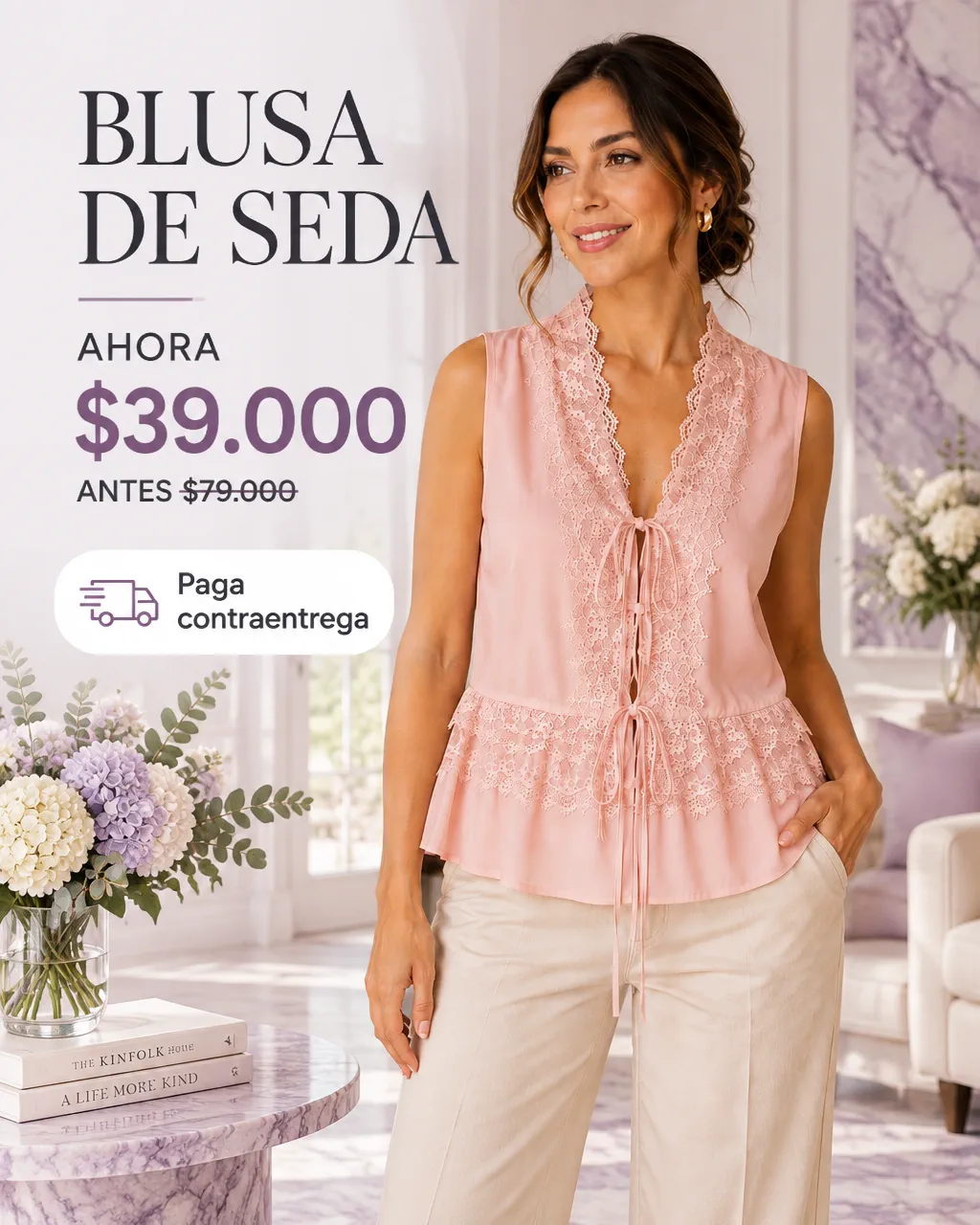 BLUSA DE SEDA CON ENCAJE DE MAYAS
