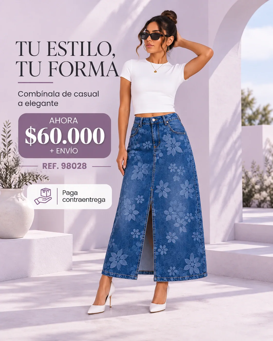 FALDA DE JEAN CON ESTAMPADO DE FLORES
