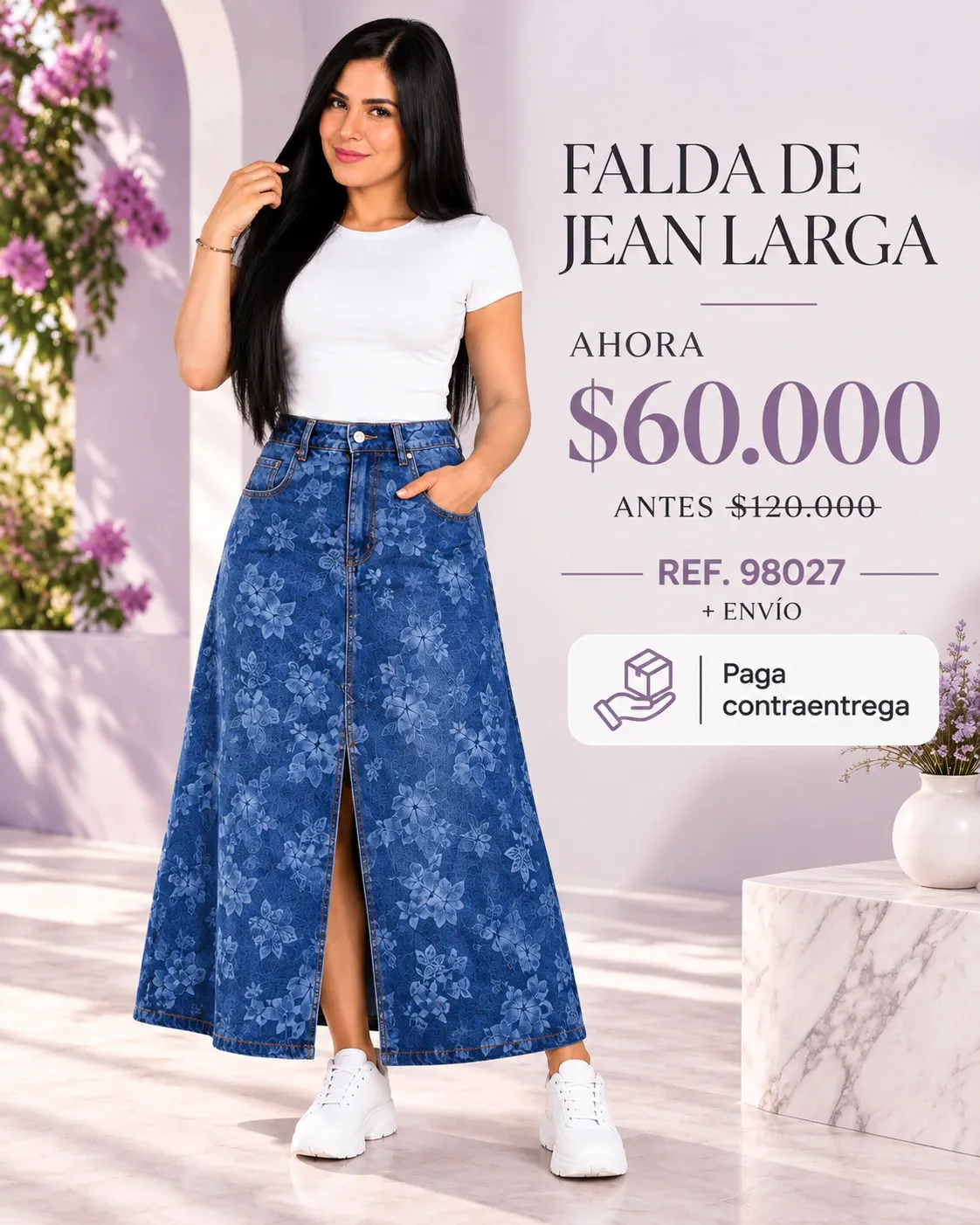 FALDA DE JEAN LARGA CON FLORES