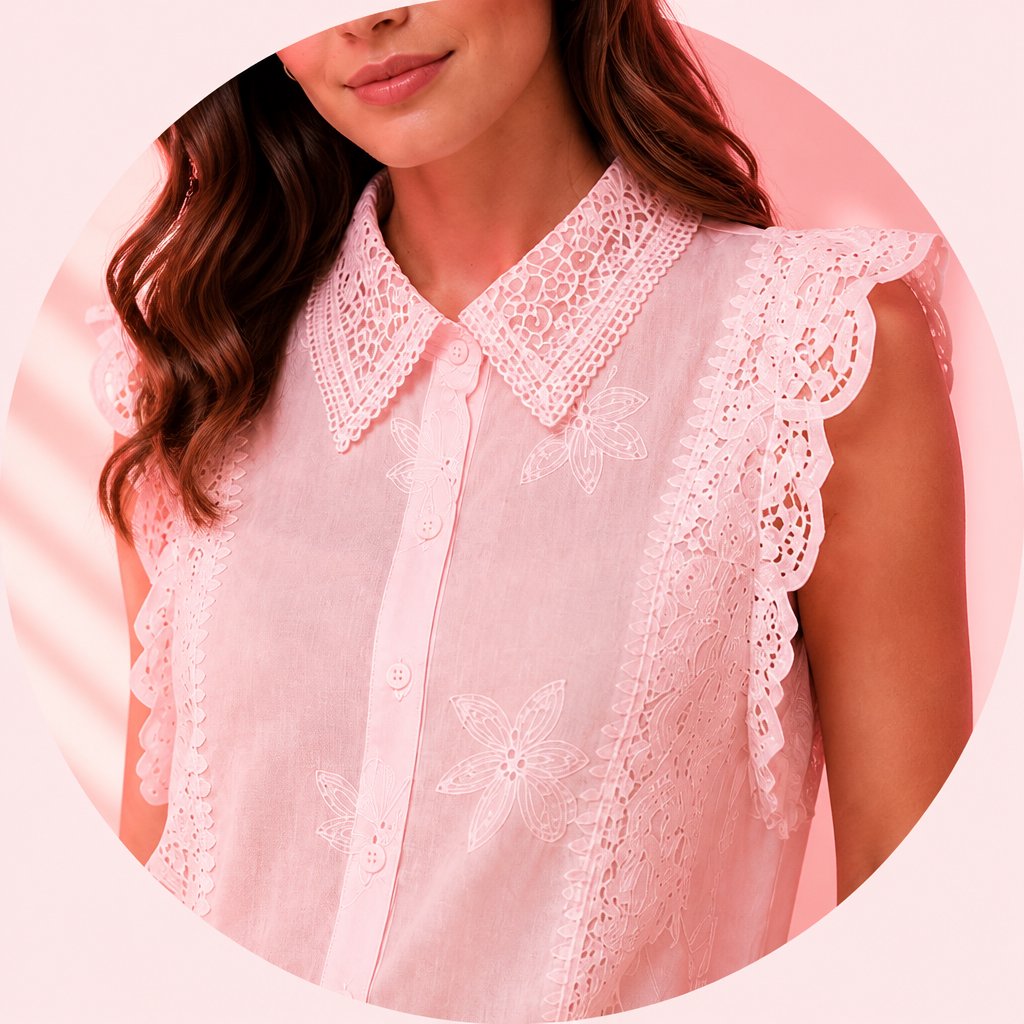 BLUSA ELEGANTE-DETALLES FLORALES-CUELLO CAMISERO-MANGA VOLANTE