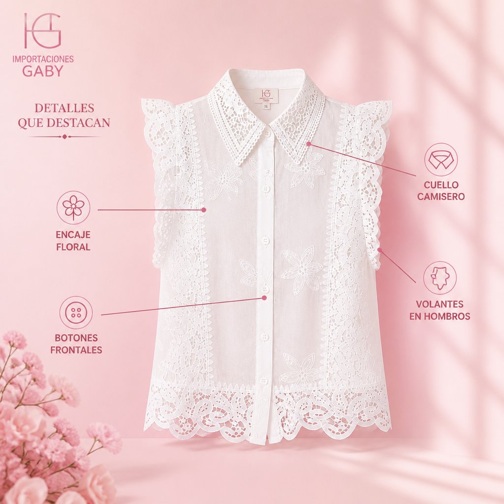 BLUSA ELEGANTE-DETALLES FLORALES-CUELLO CAMISERO-MANGA VOLANTE unit
