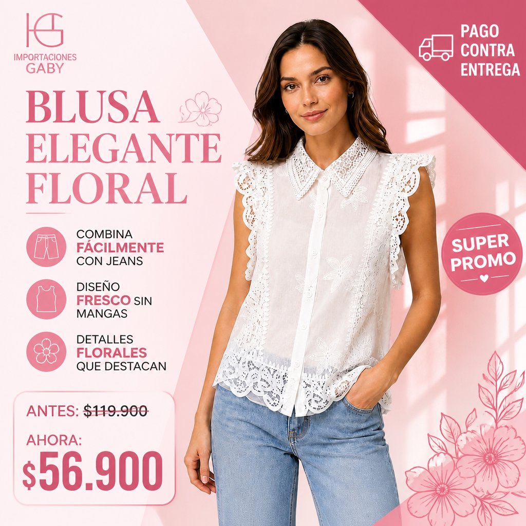 BLUSA ELEGANTE-DETALLES FLORALES-CUELLO CAMISERO-MANGA VOLANTE