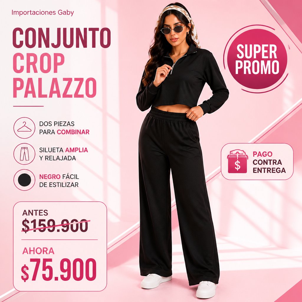 CONJUNTO CROP MANGA LARGA + PALAZZO