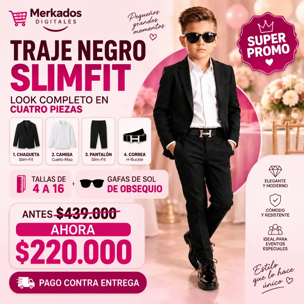 Traje Negro SlimFit para Niño en 4 Piezas