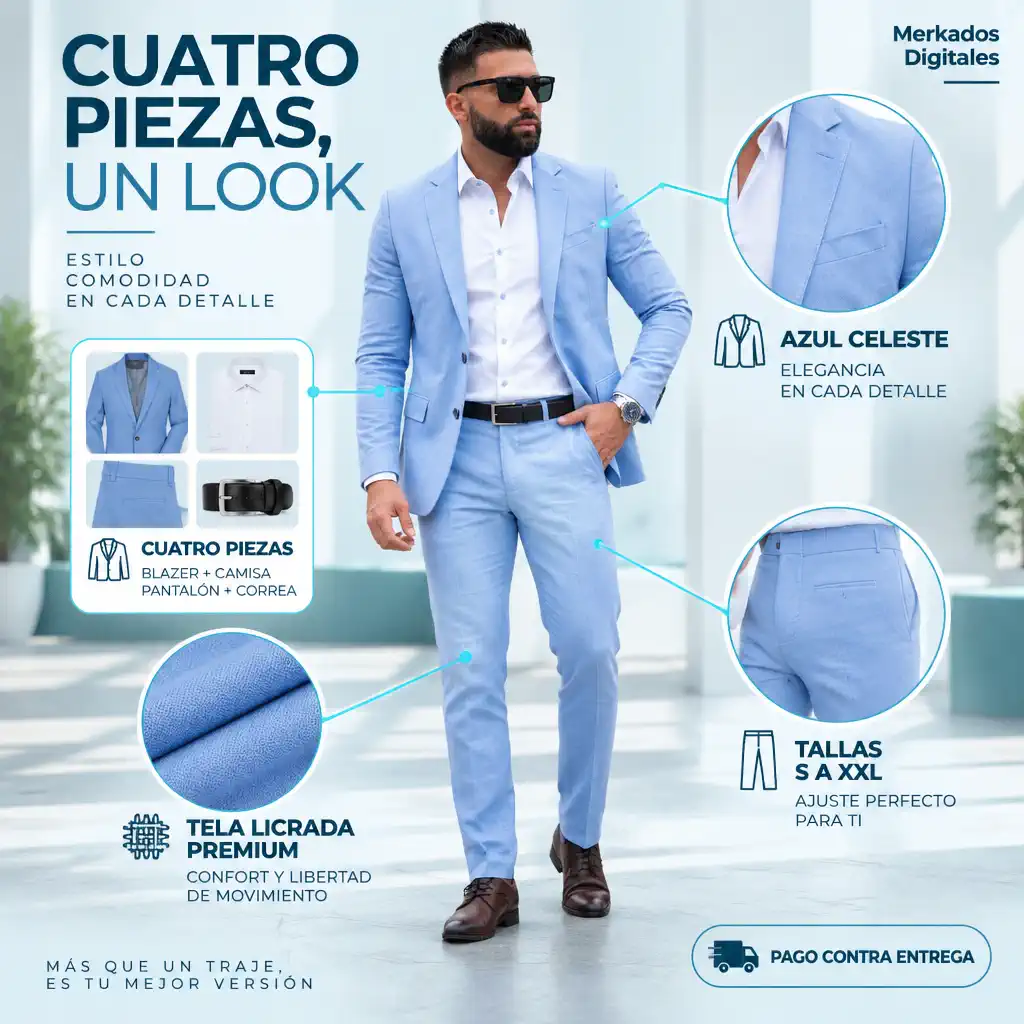 Traje SlimFit 4 Piezas Caballero Azul Celeste drop