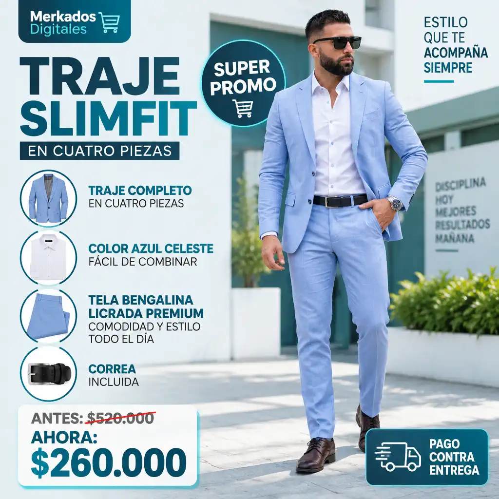 Traje SlimFit 4 Piezas Caballero Azul Celeste